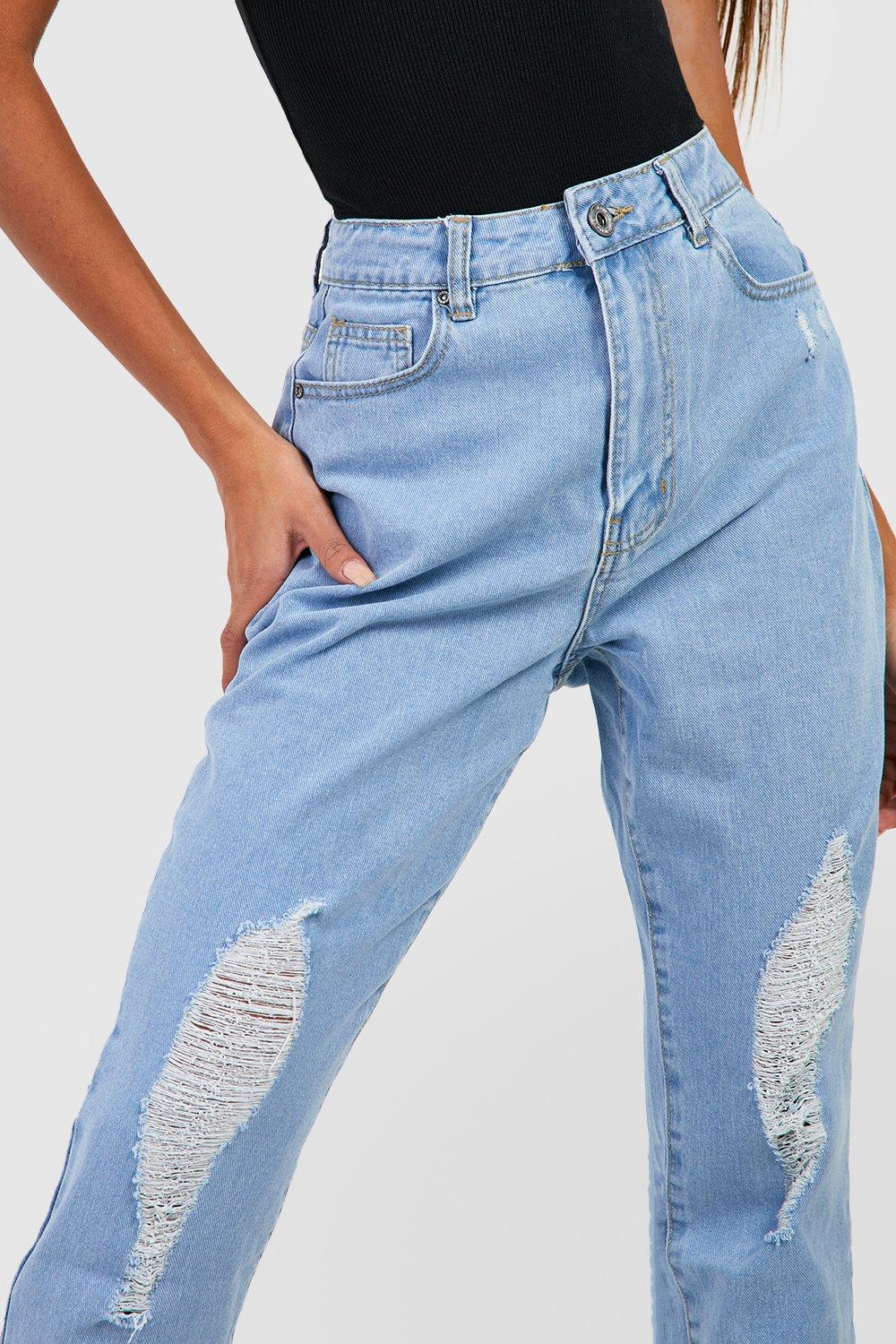 Elastic waist pocket light blue hot sale shredded jeans